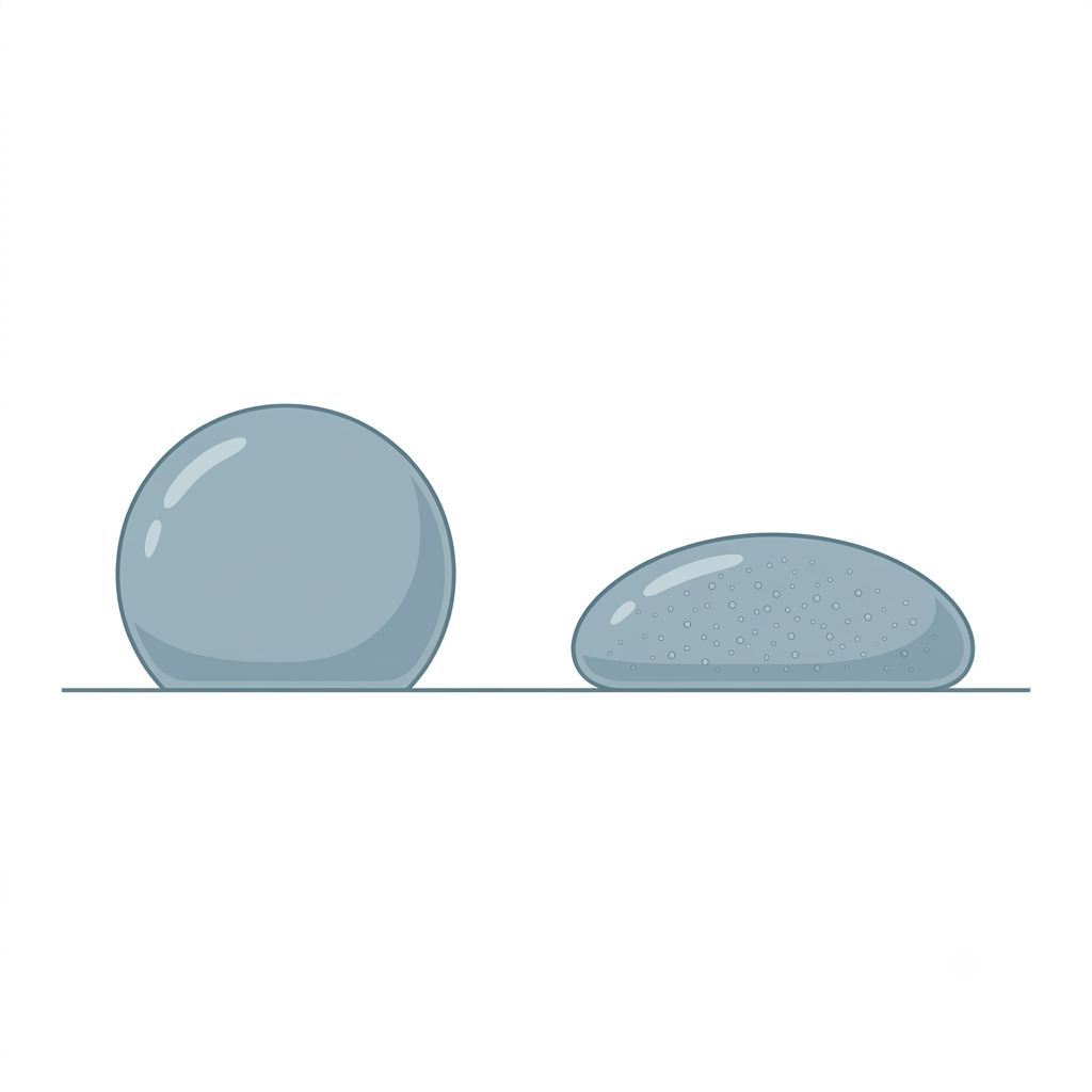 Comparison of two water droplets on a flat surface: a tall, beaded droplet representing normal surface tension, and a flatter, wider droplet containing fine bubbles representing water treated with ultra-fine bubbles, illustrating reduced surface tension and improved wetting.