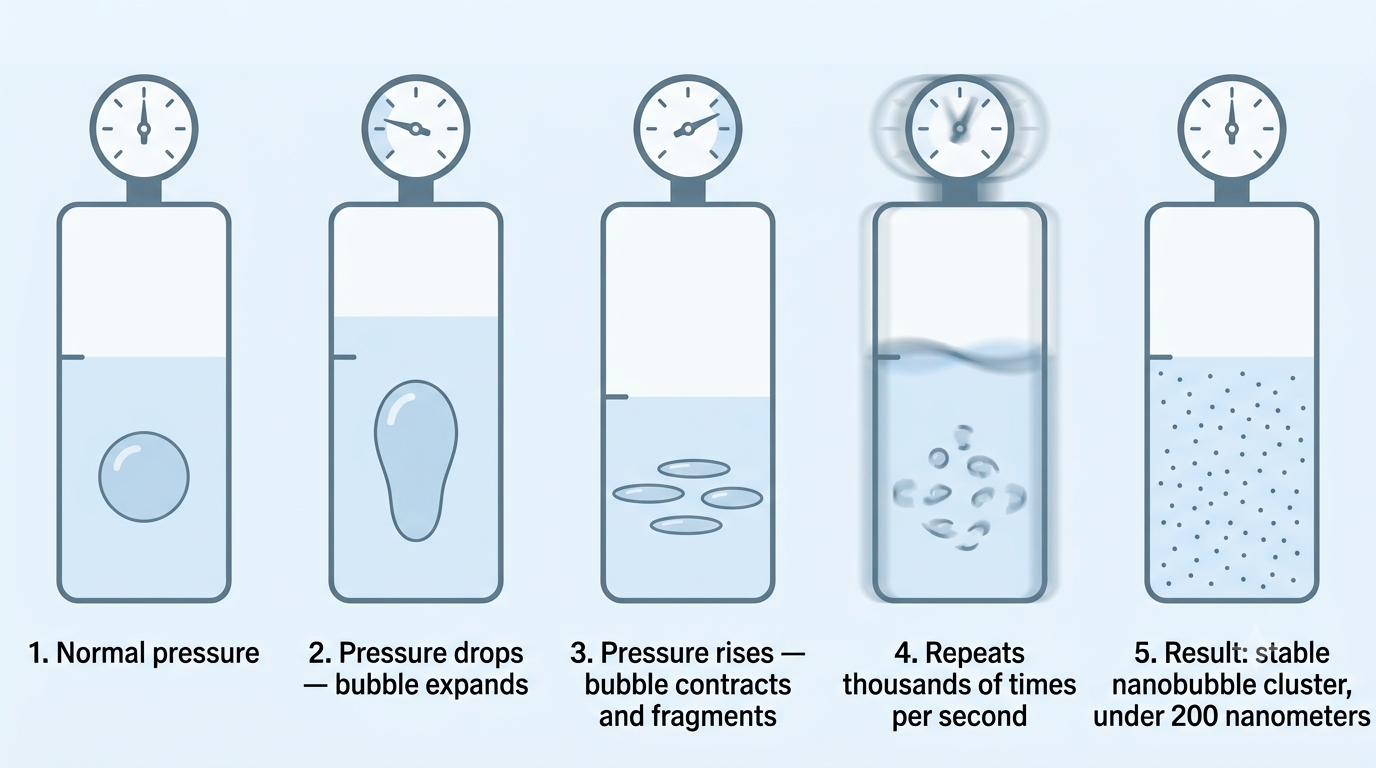 Diagram of a sealed pressure cylinder showing five stages: normal pressure with a single bubble, pressure dropping as the bubble expands and water level rises, pressure rising as the bubble contracts and fragments with water level dropping, rapid repeated cycling shown as motion blur, and the final result of a stable nanobubble cluster under 200 nanometers