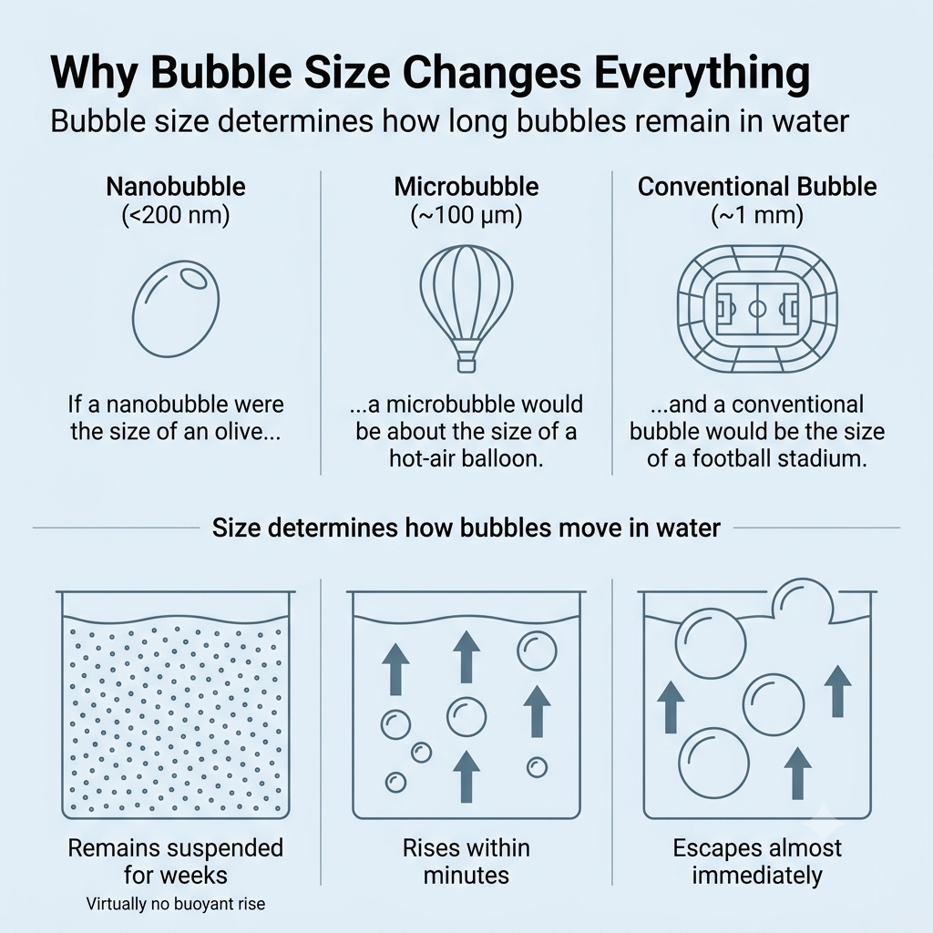 Infographic comparing nanobubble, microbubble, and conventional bubble sizes using an olive, a hot-air balloon, and a football stadium, with matching tanks showing how each behaves in water