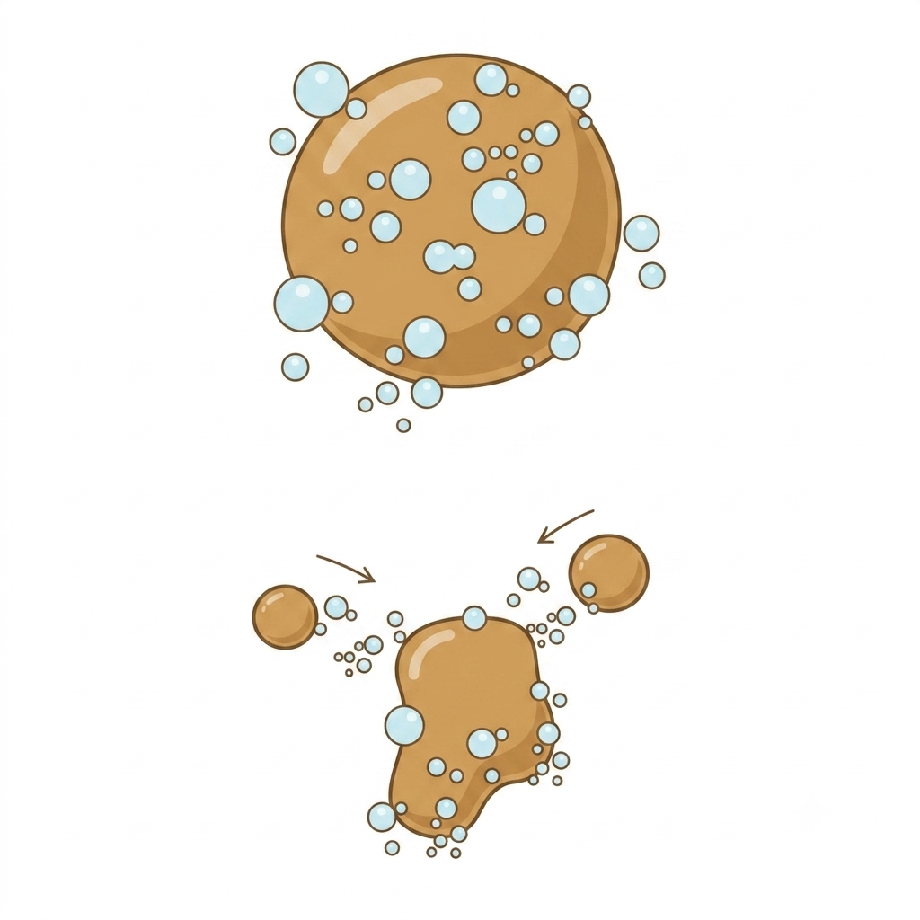 Three-stage diagram of ultra-fine bubble oil separation in water: nanobubbles adsorb onto dispersed oil droplets, the coated droplets aggregate into a larger mass, and an attached larger bubble carries the oil upward to the surface for removal.