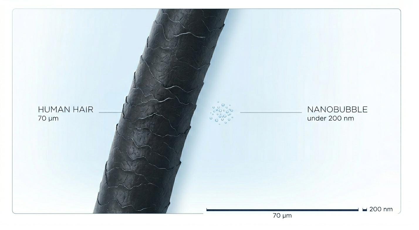 Macro photo of a human hair at 70 micrometers next to a cluster of nanobubbles under 200 nanometers, illustrating the ultra-fine scale of nanobubble technology.
